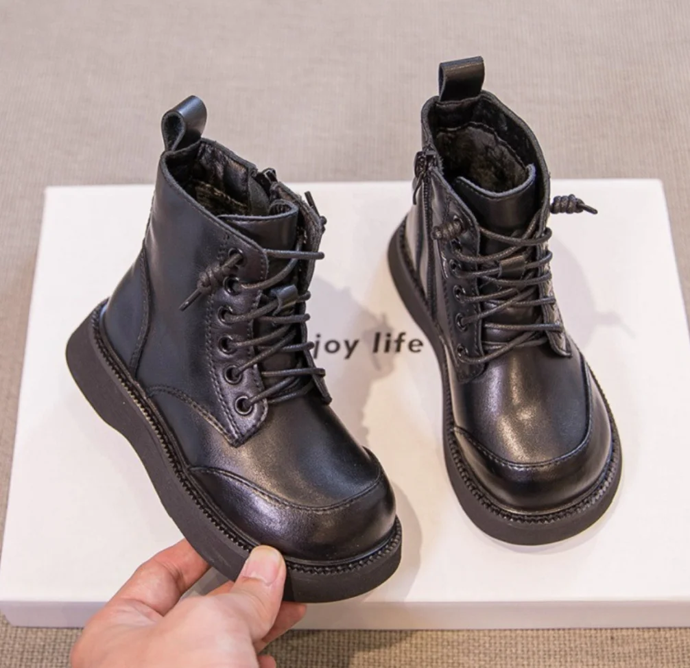 Wholesale black Genuine Cow Leather soft sole baby leather boots shoes for boy and girl