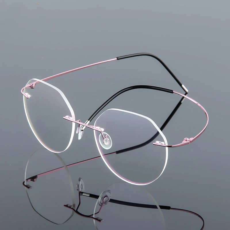 STOCK Fashion oversized diamond cutting Rimless glasses frames cheap metal Titanium eye glass frame for woman