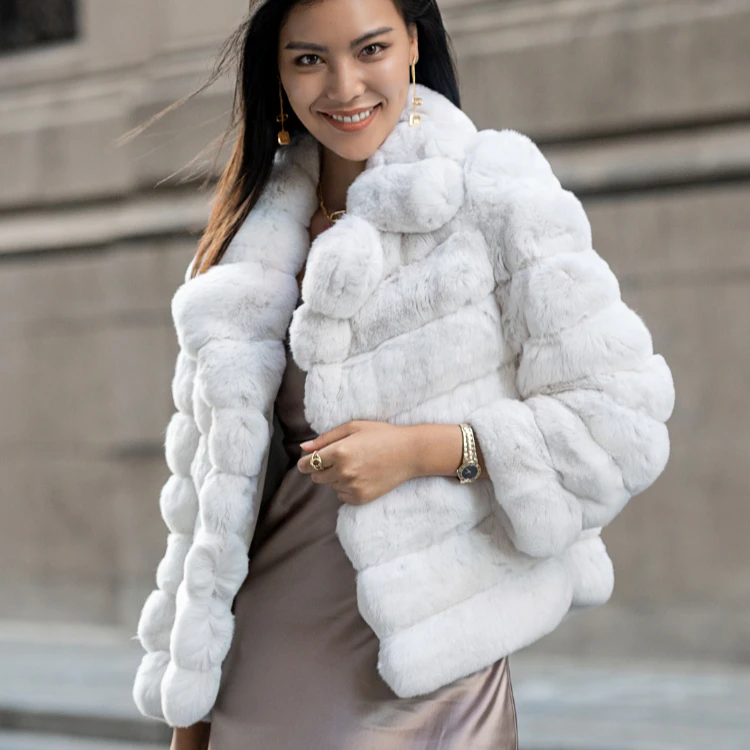 Wholesale Price American Style Medium Length White Fluffy Fur Shawl Collar Women Real Fox Fur Coat