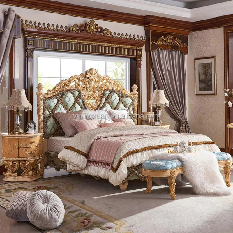 Традиционная французская антикварная кровать размера «King-Size» набор для спальни золотистая деревянная резьба домашний декор мебель индивидуальная прикроватная тумбочка