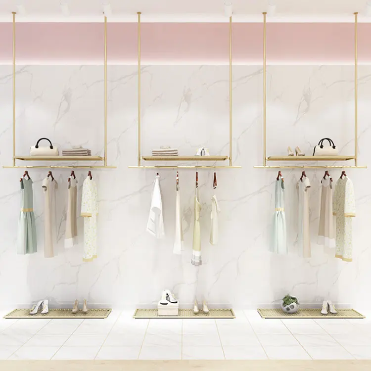 Simple Clothing Store Interior Design Customized Gold Metal Ceiling Mounted Display Racks Hanging Shelves