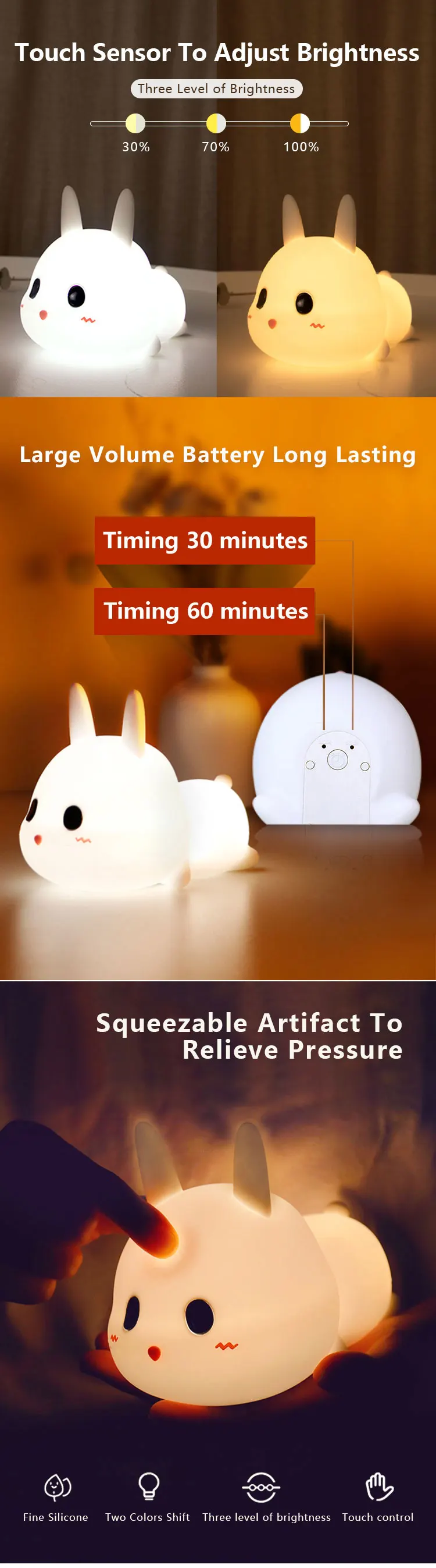 2023 LED Home Decoration Bedroom Decor Kids Bedside reading Lamp Creative Cute Cartoon Silicone Rabbit led Night Light (Home+)
