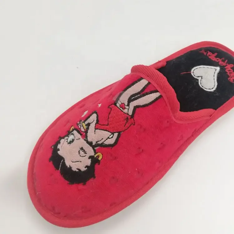Lady new design red cartoon character embroider indoor home flat slippers