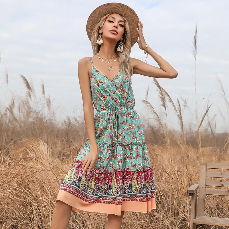Wholesale Casual 2023 Summer Fashion Halter backless Dress Women Clothes Sexy Floral Beach Slip Dresses for ladies