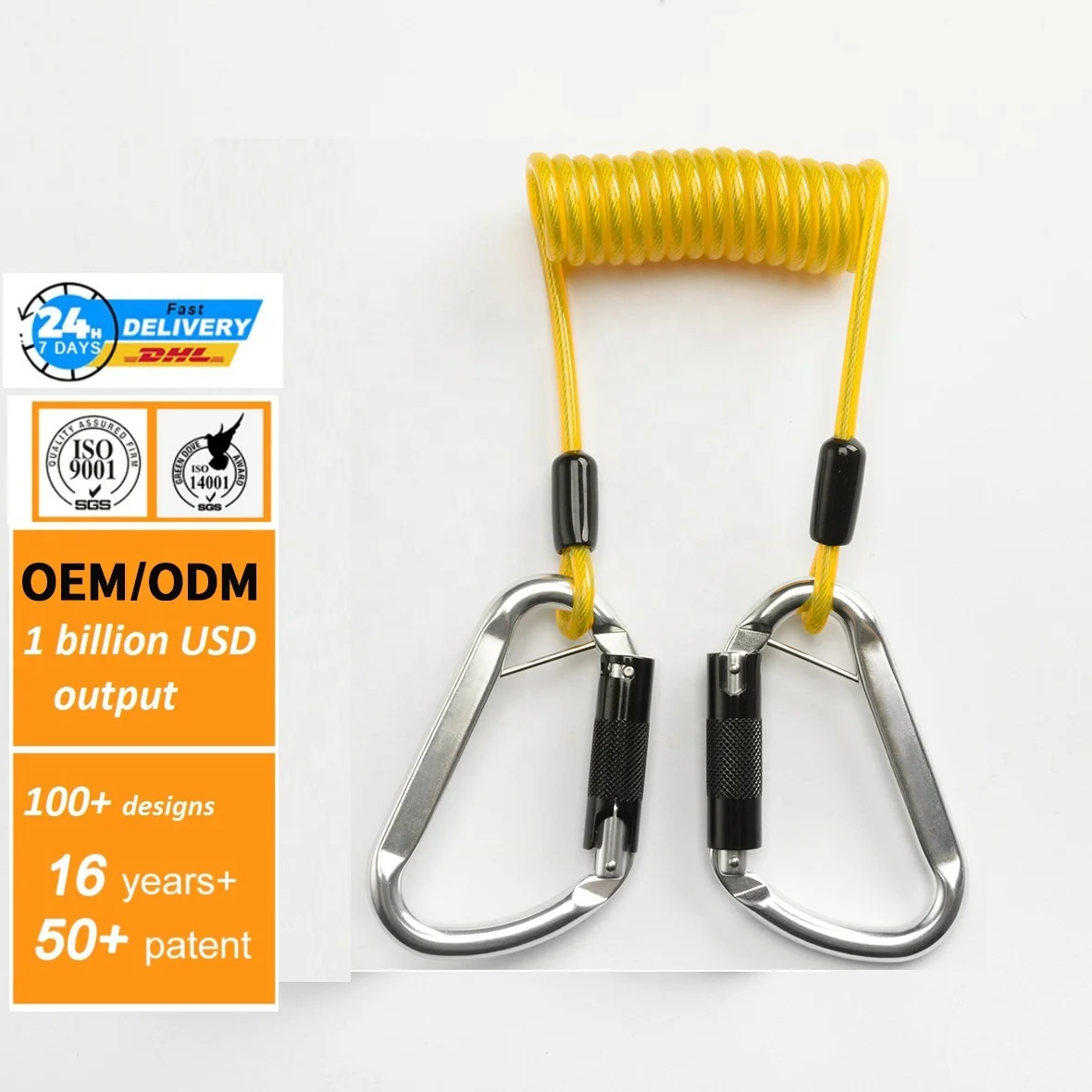 Wholesale custom wire cord with snap hook carabiner anti-lost steel wire spring coiled  for safety use