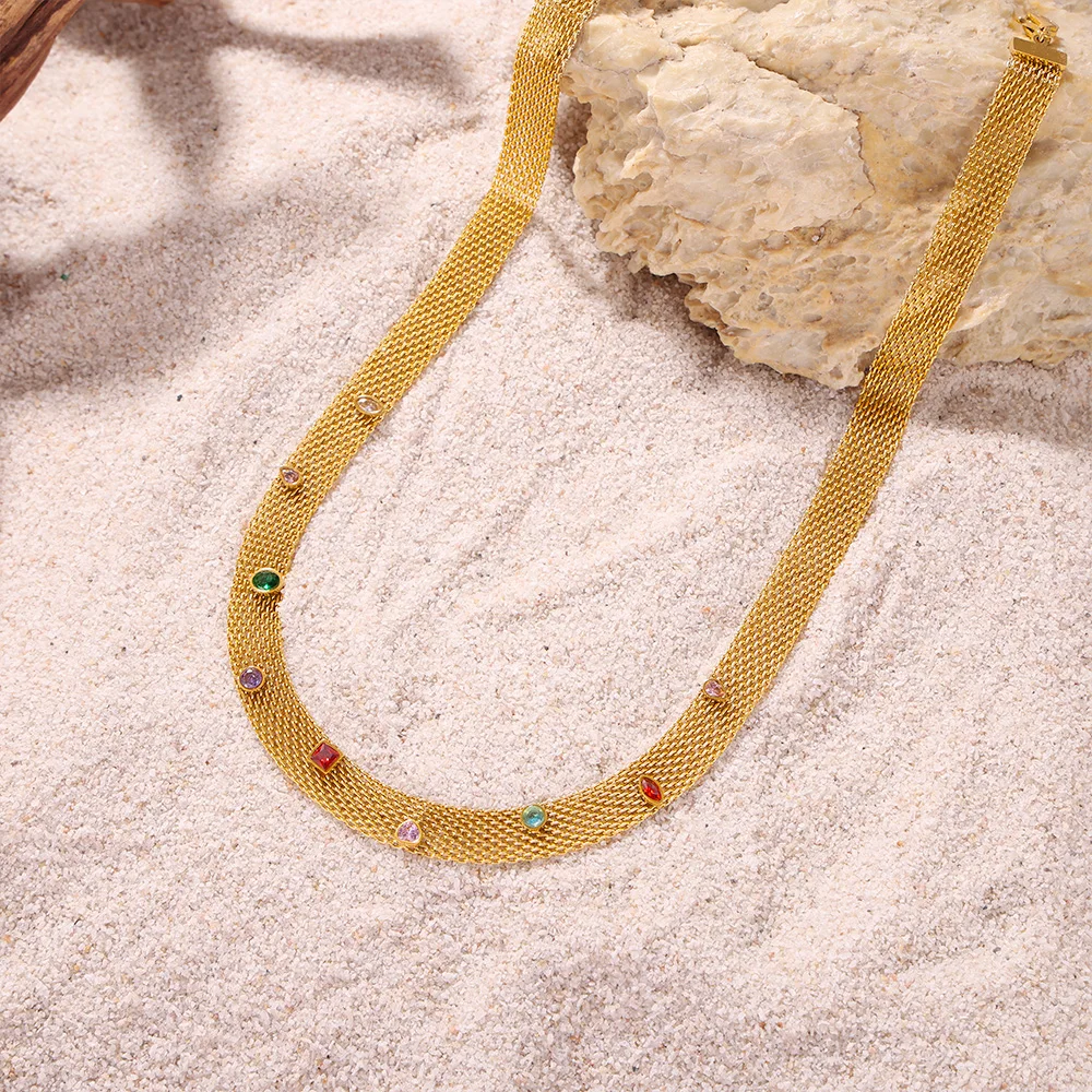 2024 Stainless Steel Jewelry Factory Fine Chain Couple Necklace Bracelet Web Chain Ribbon Geometric Colorful ZirconJewelry Sets