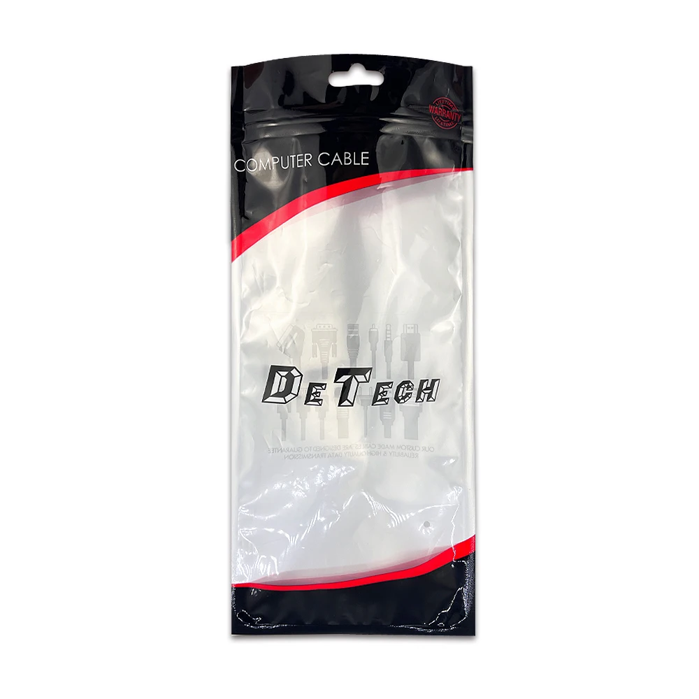 Digital Printing Custom Clear Window Three Sides Seal Zipper Bag For Computer Cable Packaging Bag