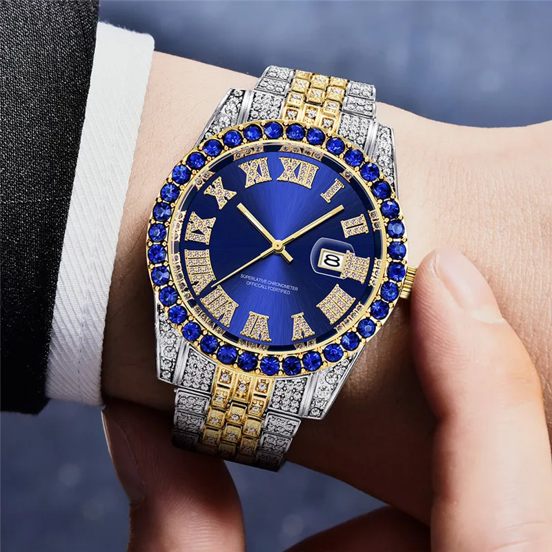 Fully Bling AAA Diamond Luxury Fashion Quartz Watches Gold Silver Role Relogio Masculino Steel Bracelet Mens Clock Dropshipping