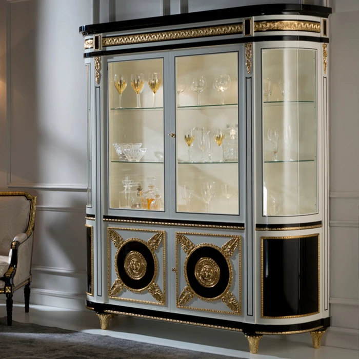hot sale beautiful gold white wood storage glass wine cabinet display classic luxury living room wine display cabinet with door