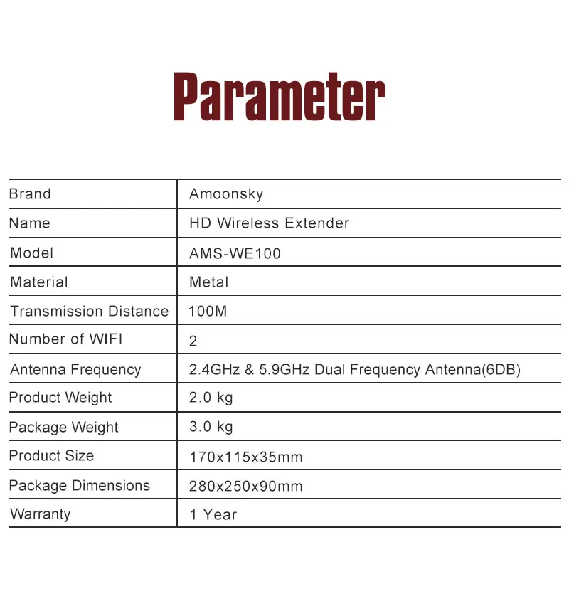 AMS-WE100 Is A HD Wireless Extender Wireless Transmission Max Distance 200m  Support 1TX To 1 RX Or 1 TX To 2/3/4 RX