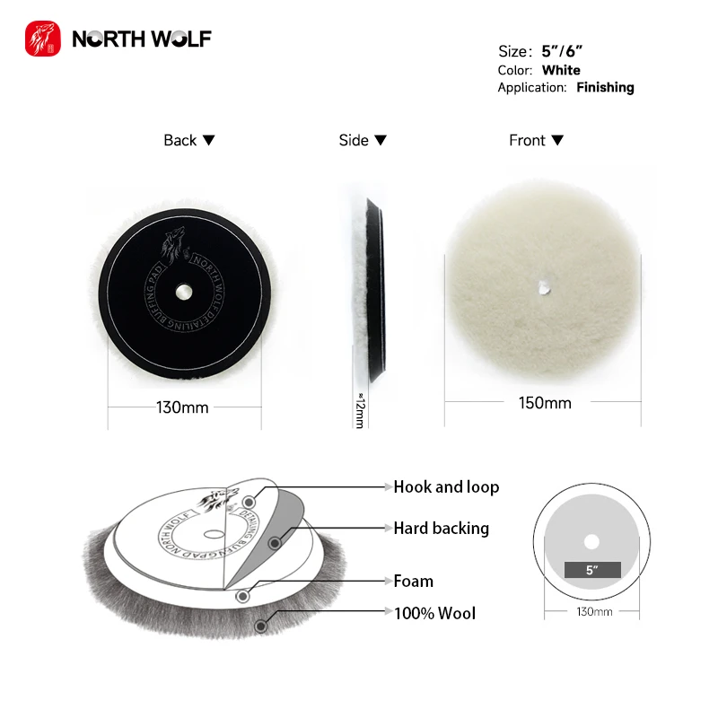 North Wolf Polishing Wool Lamb Buffing Pad 5inch White Wool Finishing Pad For Car Detailing