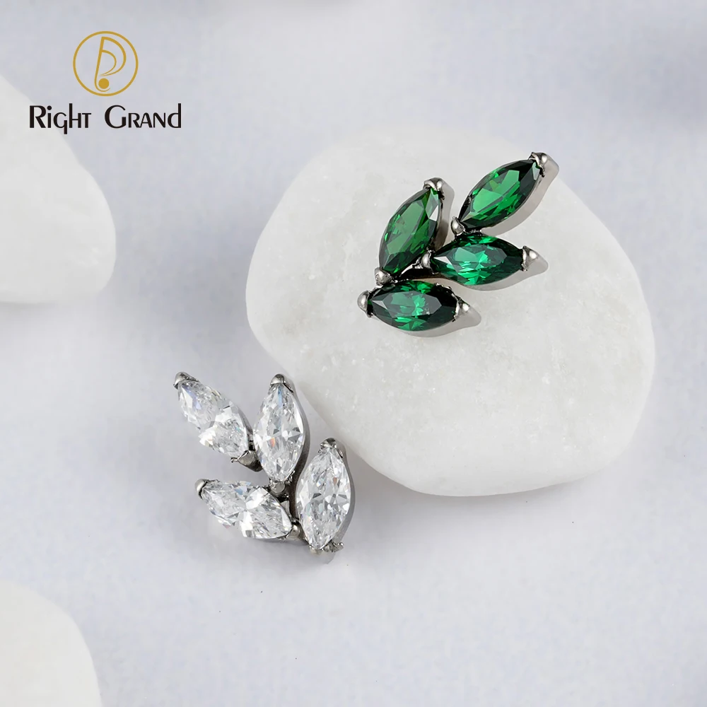 Right Grand ASTM F136 Titanium 16G Marquise CZ Leaf Shaped Cartilage Helix Conch Lobe Ear Piercing Flat Back Earring