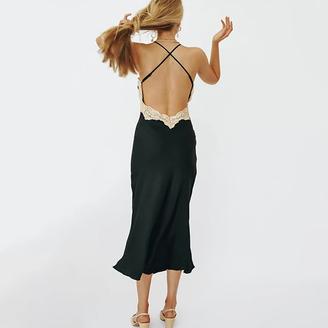 OEM 2022 Custom 100% Polyester Women Slip Dress Black Lace Trim Adjustable Crossover Shoulder Straps Casual Midi Dresses