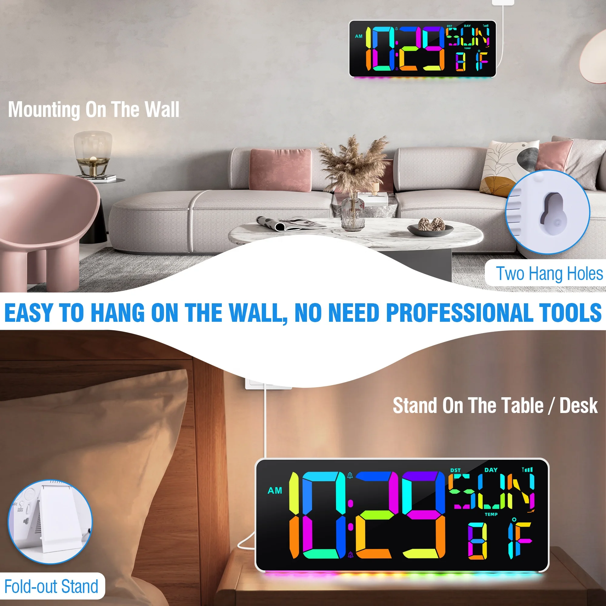 Mobile Phone Bluetooth Connection One-Key Time Synchronization RGB  LED Wall Clock Color Changing Alarm Clock with Sunrise