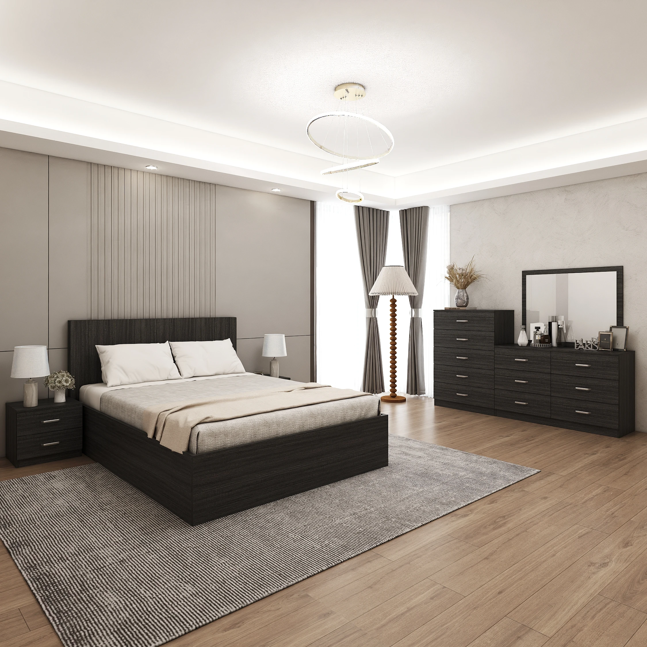Luxury Modern Queen Bedroom Sets Black Wood Panel Bed Room Furniture for Hotel & Apartment for School Use