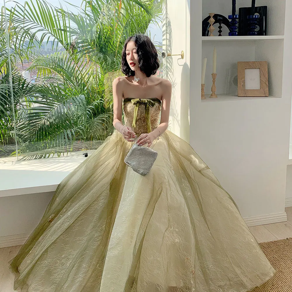 2021 Fashion Green Strapless Beading Ball Gown Evening Dress Party Dress