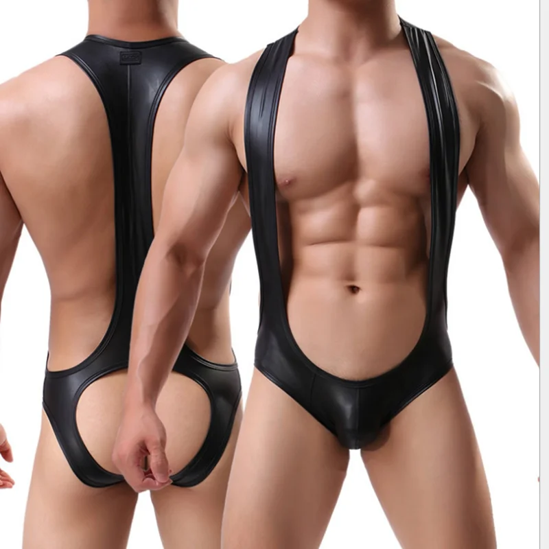 Черный мужской боди из искусственной кожи с открытой спиной