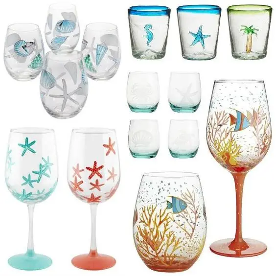 Marine Style Design Hand Painting Emboss pattern Glass Stemware Tumbler Decorative Wine Glass Beverage Goblet Glassware