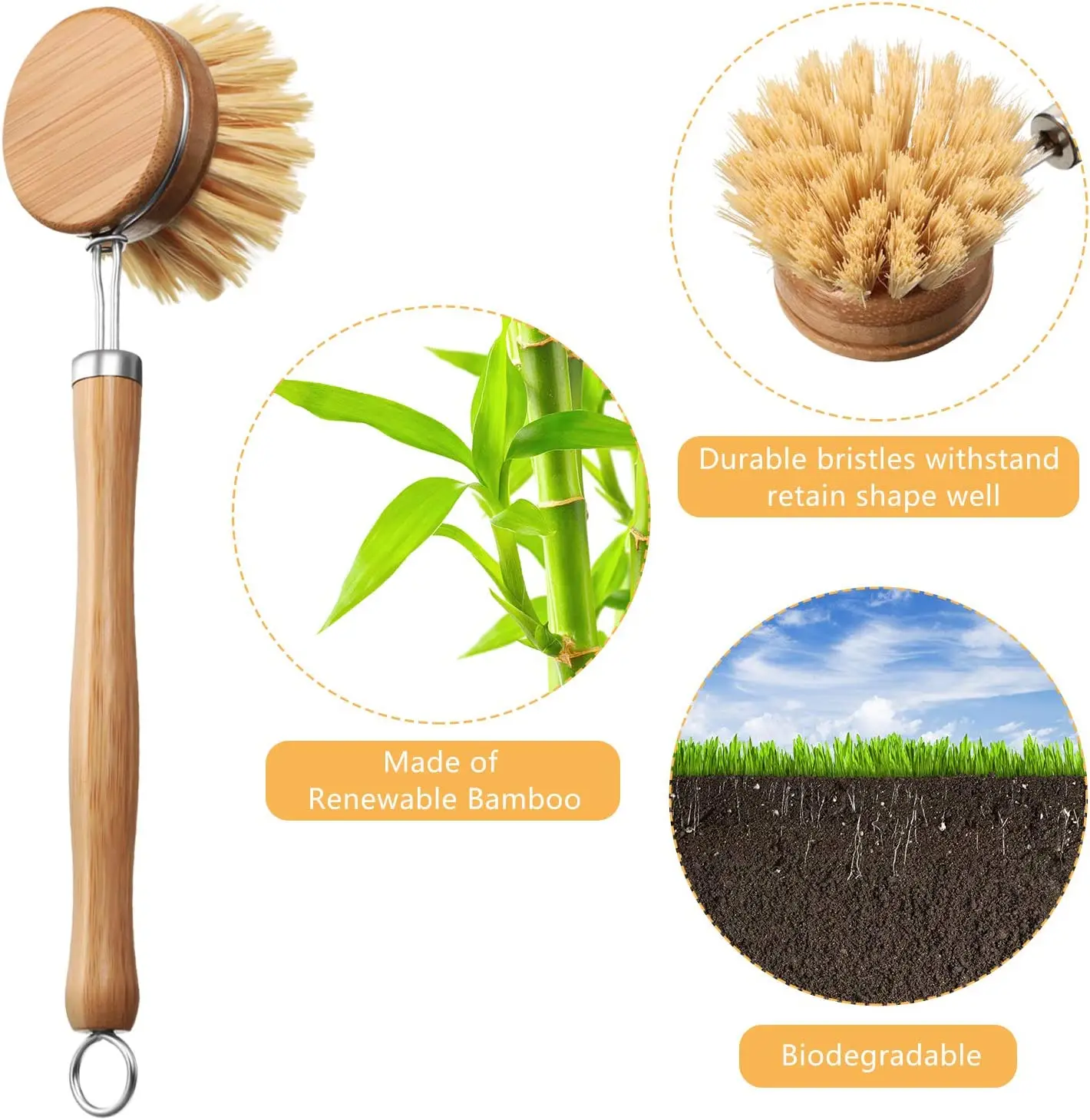 Eco Friendly Long Handle Kitchen Pan Pot Bamboo Cleaning Brush With Replaceable Head