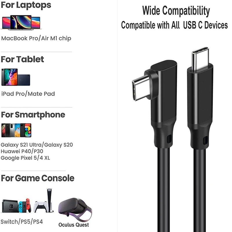 USB 3.2 Gen 2 100W VR Headset Cable 90 Degree Angle USB Type C to C Super Speed Data Transfer Charging Cord  Cable for Oculus Qu