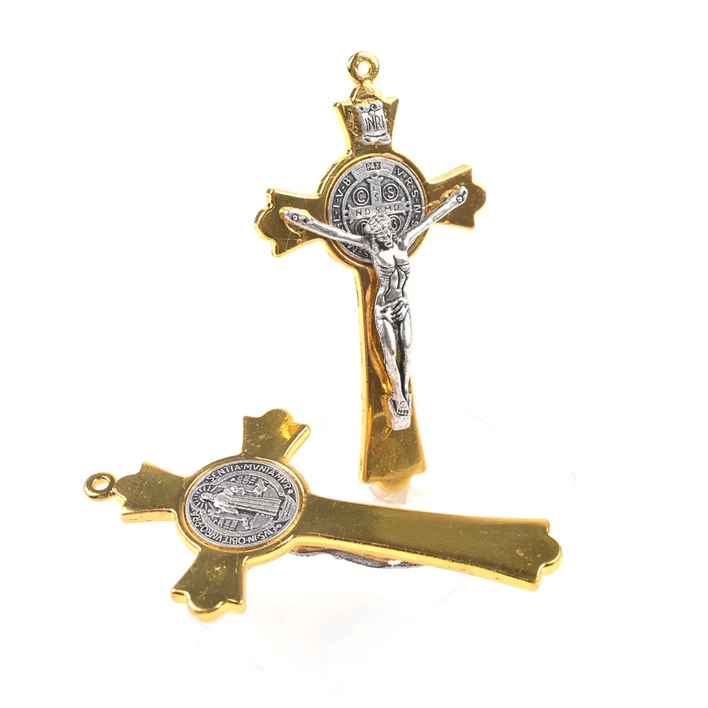 Gold Silver Large Crucifix Necklace Findings  Saint Benedict Metal Cross  Pendants For  Rosary Making