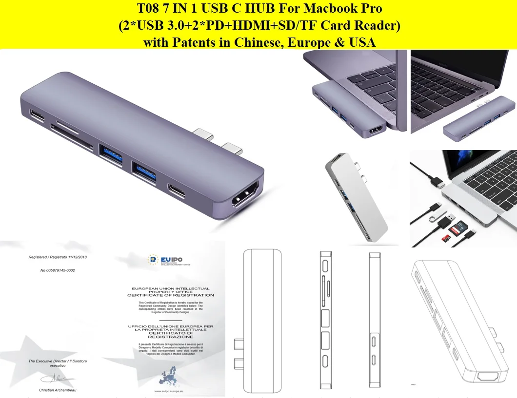 Мульти-порты Mac Dongle с 4K Thunderbolt 3 7 в 1 USB C Hub до SD TF Card адаптер для