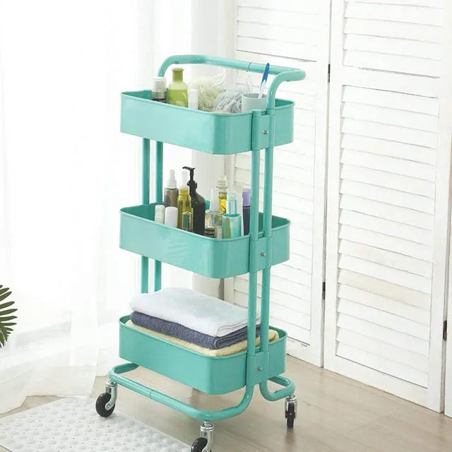 Made in China 3-Tier metal  utility Rolling Storage baskets cart with 4 wheels for bathroom kitchen living room