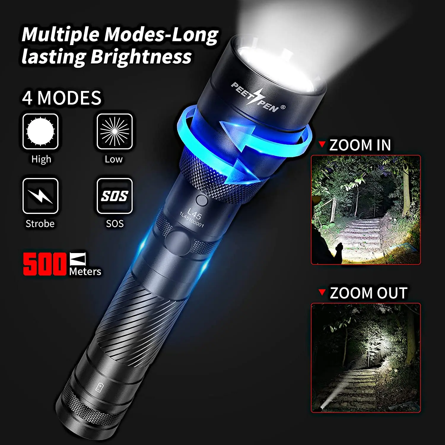 Peetpen L45 High power Aluminum Zoom Torch Light Tactical zoomable zooming Rechargeable Led Flashlight
