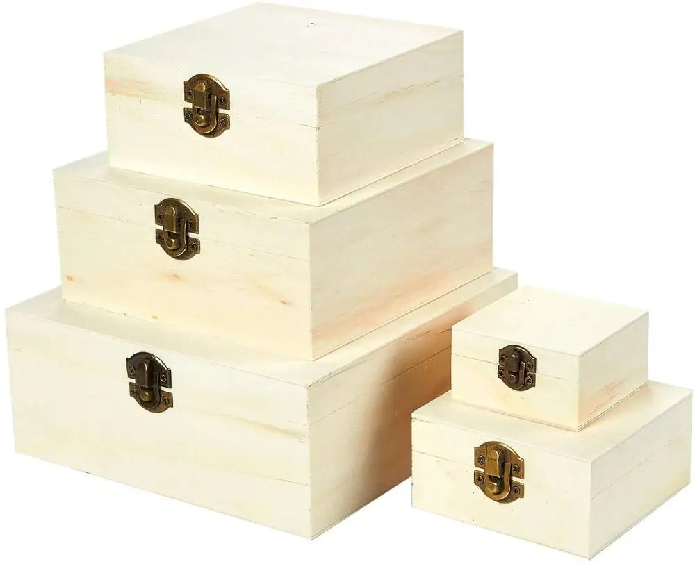 Wooden Boxes - 5-Piece Hinged-Lid Nesting Boxes for Arts, Crafts, Hobbies and Home Storage
