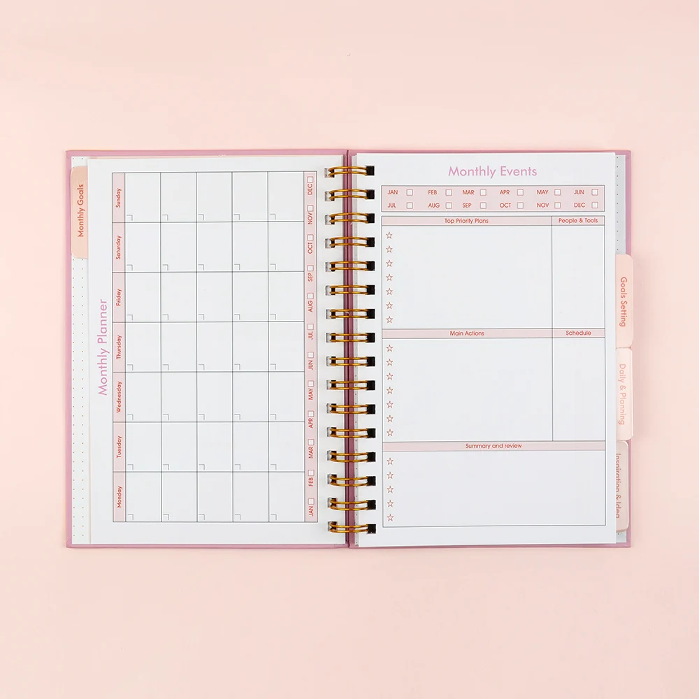 Custom printing A5 Hardcover notebook spiral bound Self care Promotional gift 2025 undated  planner