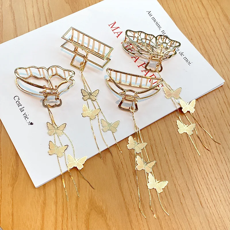 korean Girl Butterfly Pendant Tassel Hairpin Fashion Gold Plated Metal Butterfly Hair Claw Clip