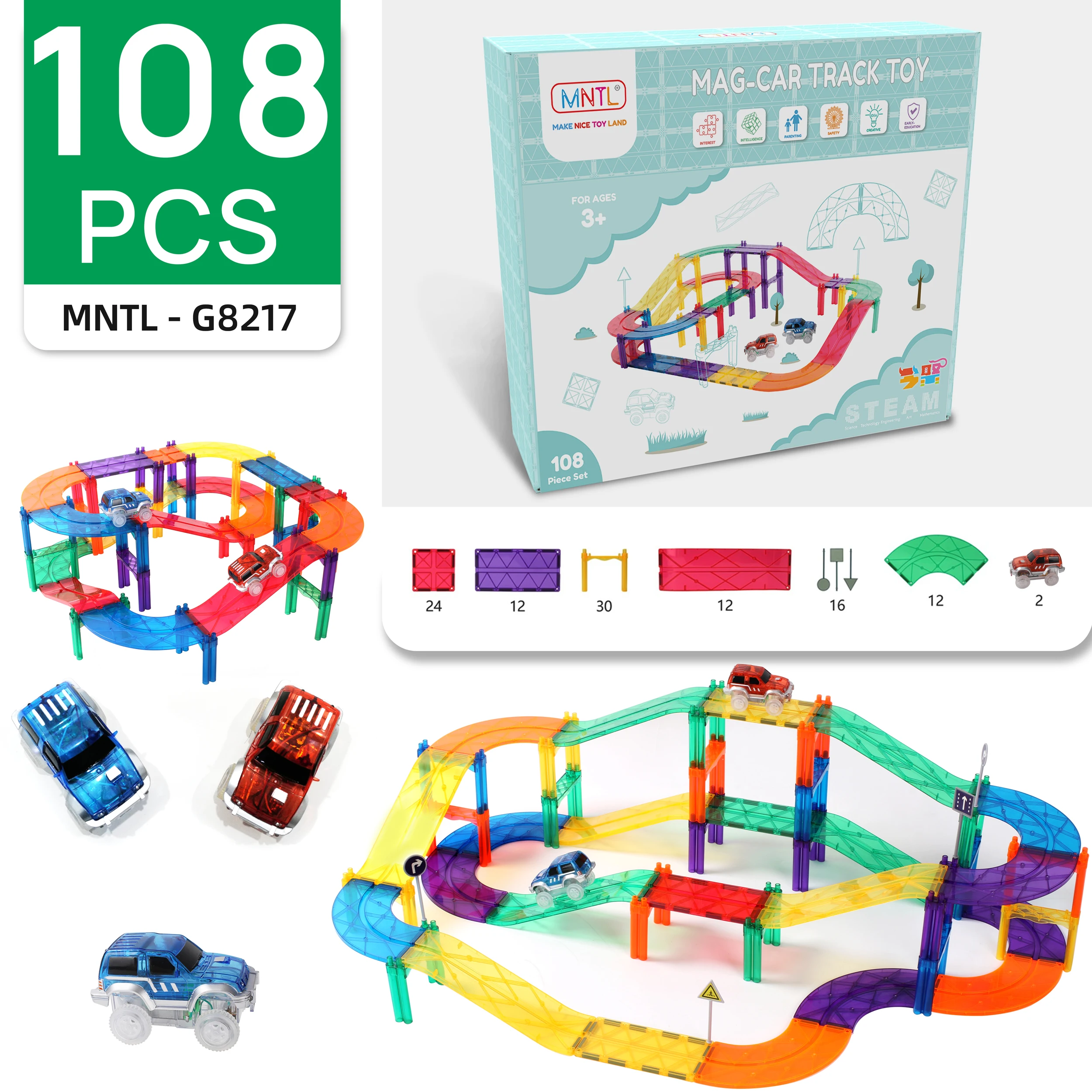 MNTL DIY 52pcs 108pcs car race track magnet tiles toys  educational toys magnetic building tiles for kids