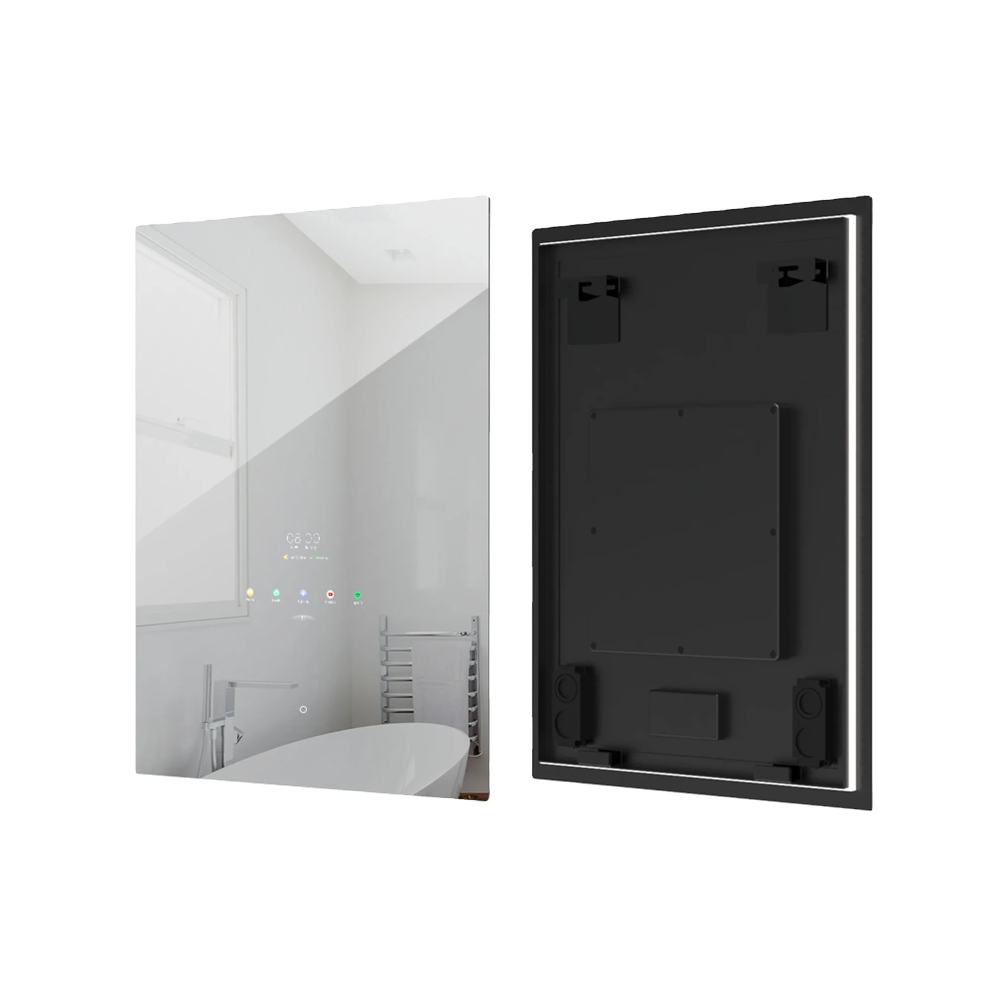 Smart TV mirror Android OS touch control for bathroom with HD display HiFi music speakers weather information social media