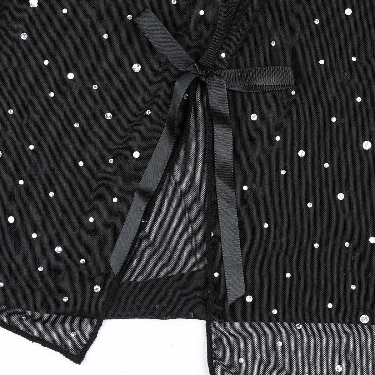 Customized New Rhinestone Sparkling Crystal Feather Splicing See-Through Mesh Elastic Slit Dress 2pcs Lingerie Femme