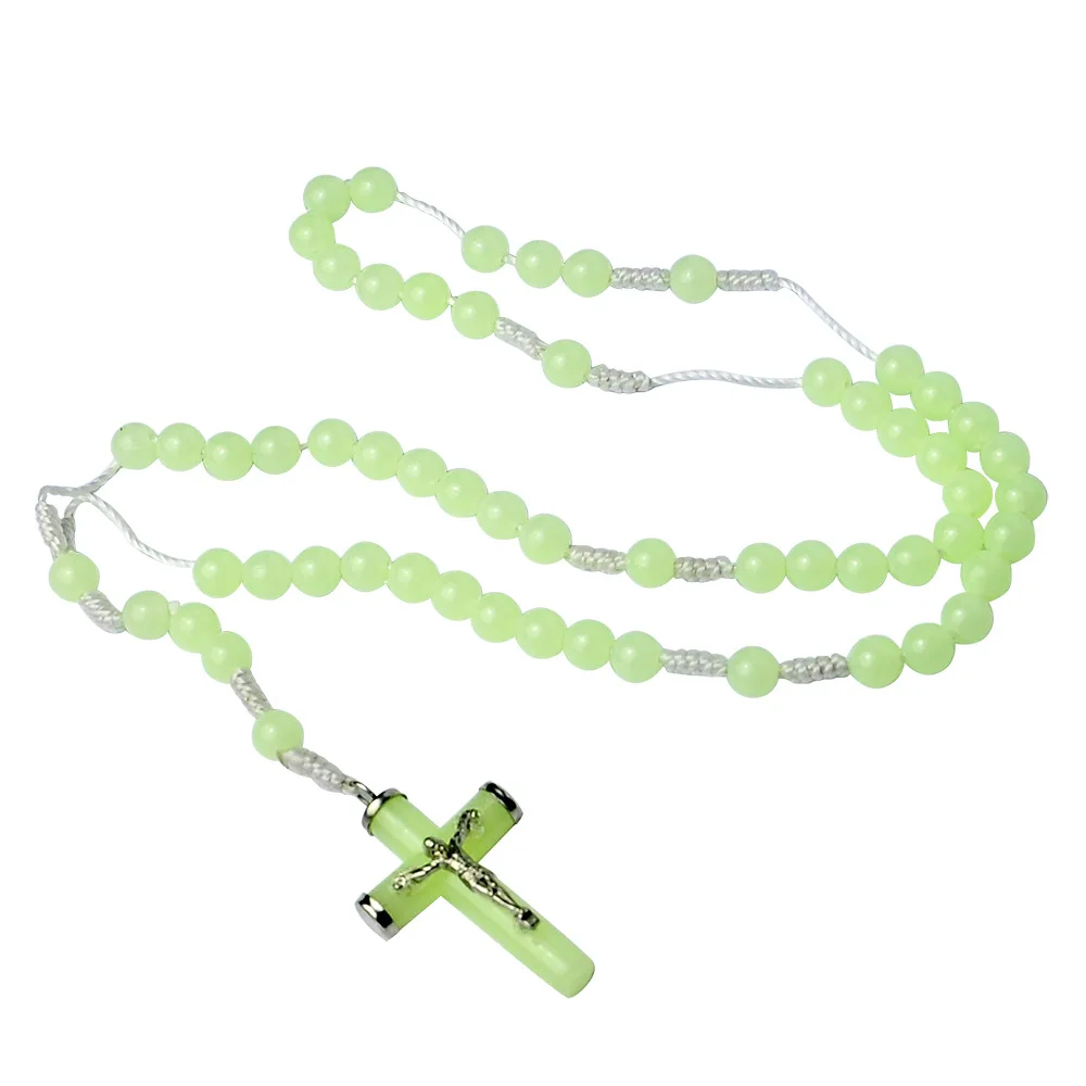 Hot Selling Wholesale 8MM Luminous Bead Rosary Cross Necklace Cross Pendant Prayer Plastic Luminous Rosary Necklace
