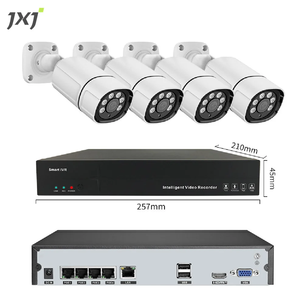 JXJ Manufacturer Outside Inside Waterproof 5MP HD 4CH Channels Smart Home Cctv 4 Bullet Camera Wall Outlets NVR Set Kit POE