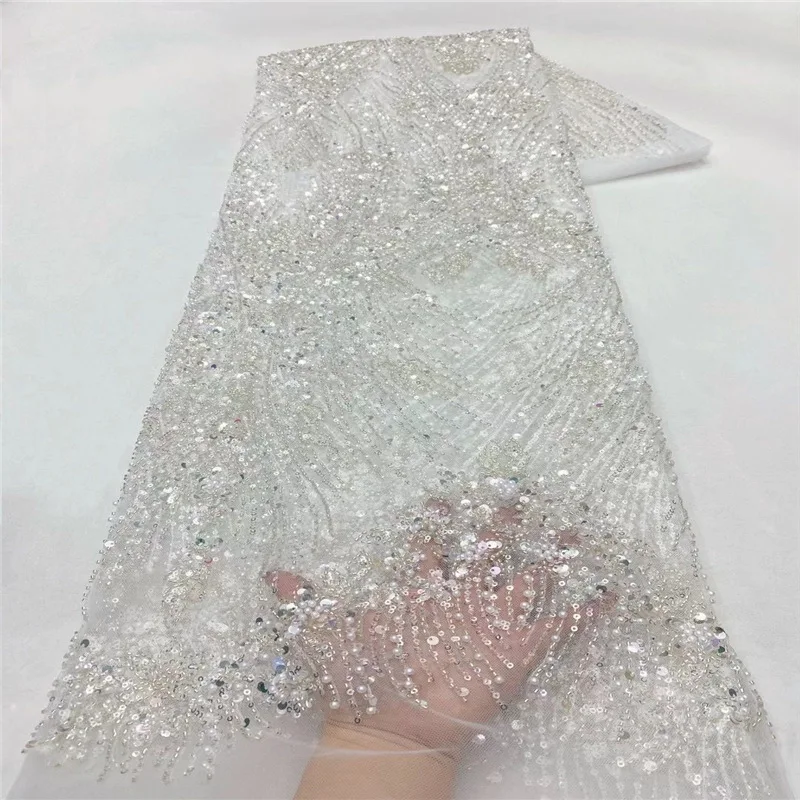 Luxury French Lace Fabric Tulle Net Elegant Heavy Beads 5 Yards Handmade Sequins Fabric Nigeria Wedding Bridal Dress for Party