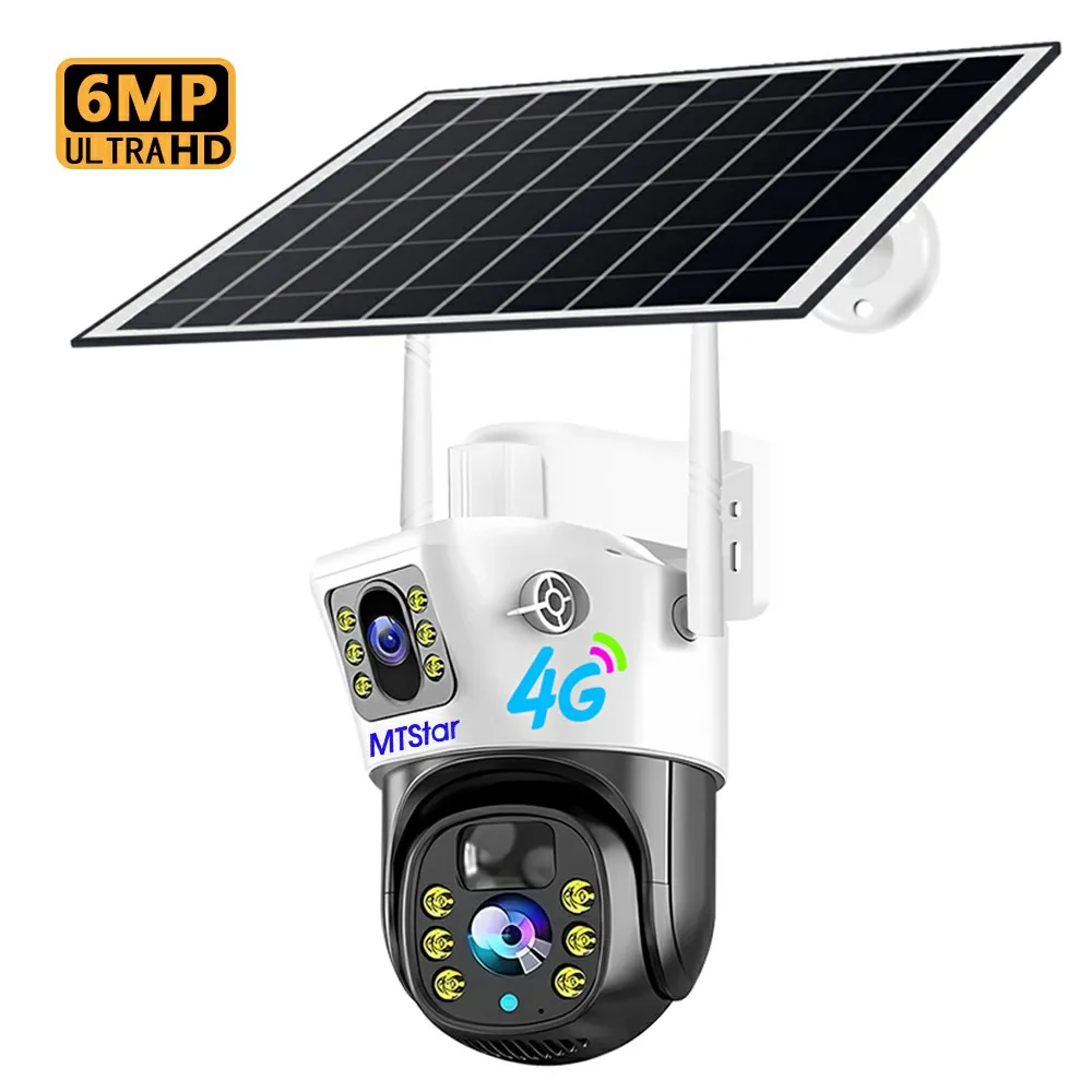 Dual lens 6MP solar camera Network Camera With Motion Detection 4G Dudl Lens Solar 2.8 inch Barrery PTZ Camera with Bracket
