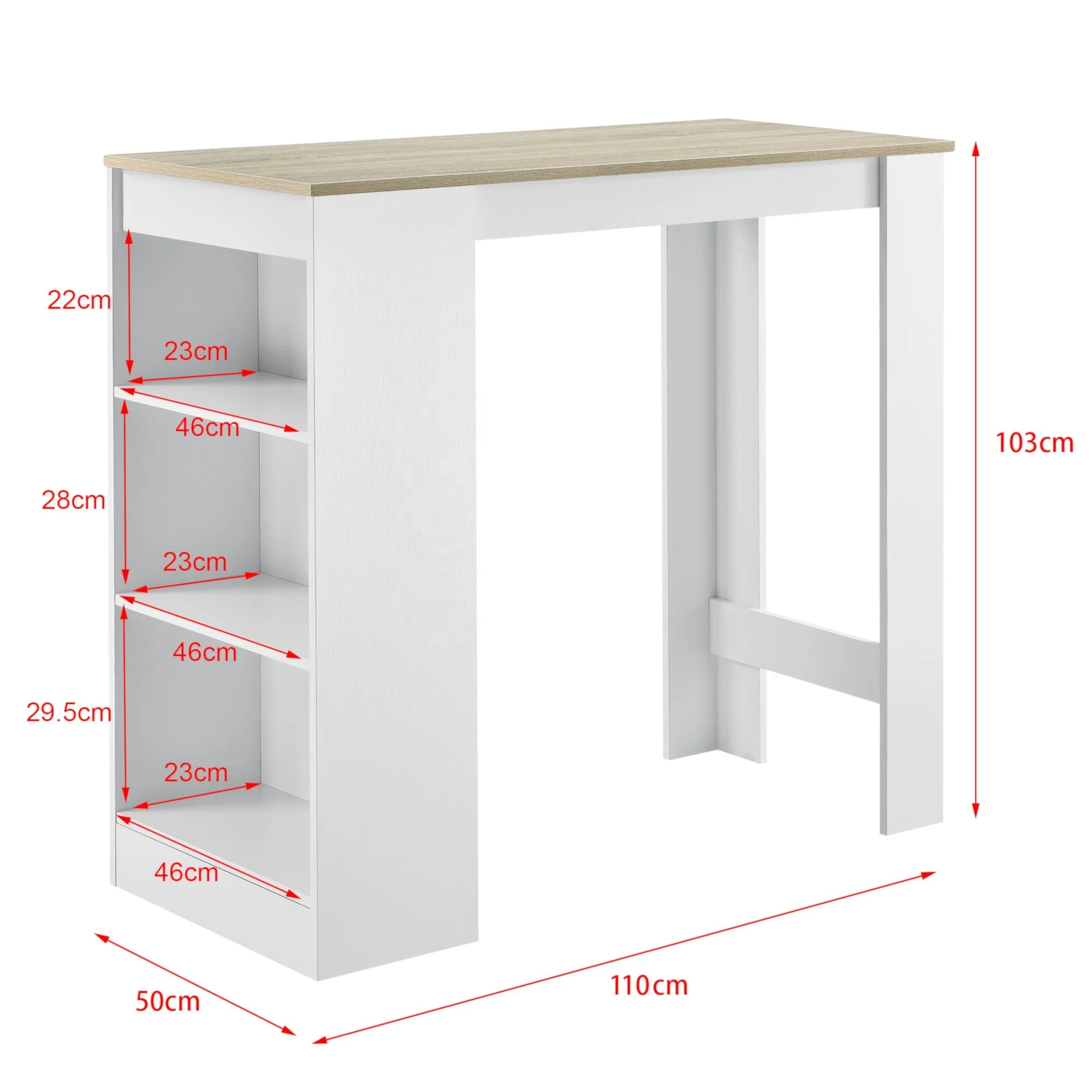 Bar Table with Storage Bistro Table with 3 Shelves Particle Board 110 X 50 X 103 cm White