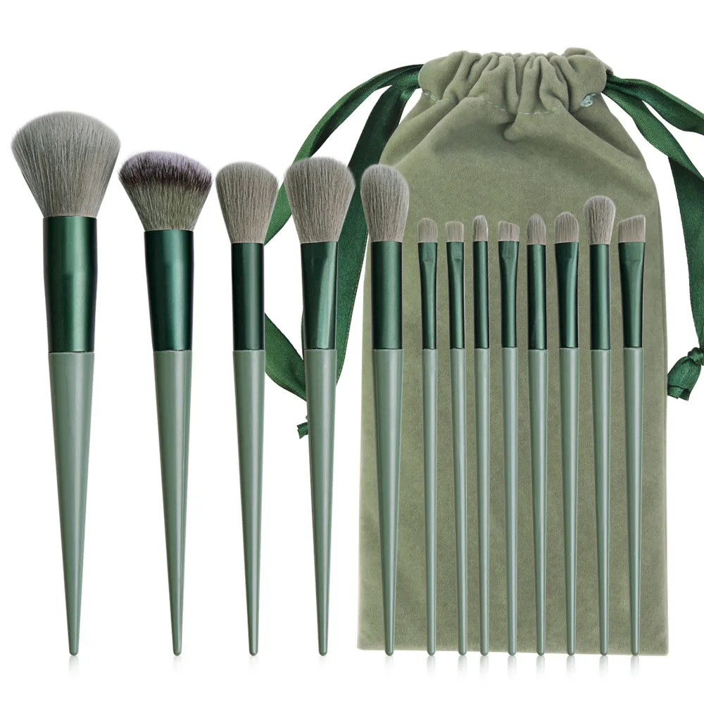 Custom Wholesale New Private Label Green 13pcs Makeup Brush Super Soft Hair Eyeliner Brush Makeup Tool Makeup Brush Set