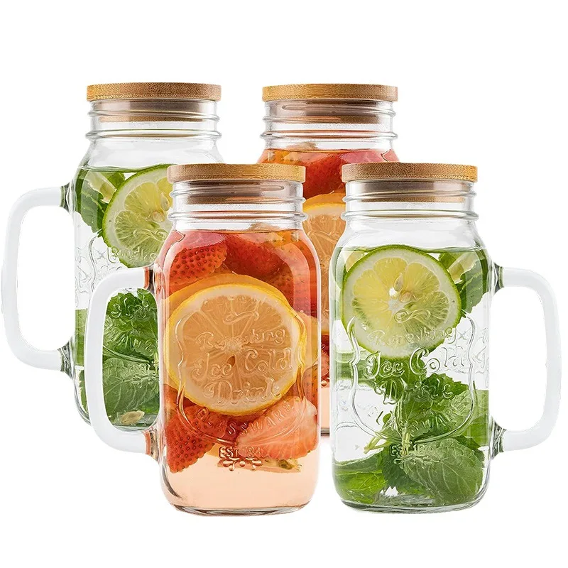 Google Square Handle Glass Ice Cold Juice Jar 16oz 450ml 18oz Smoothies Mason Jars Drinking Glass With Lids and Straw