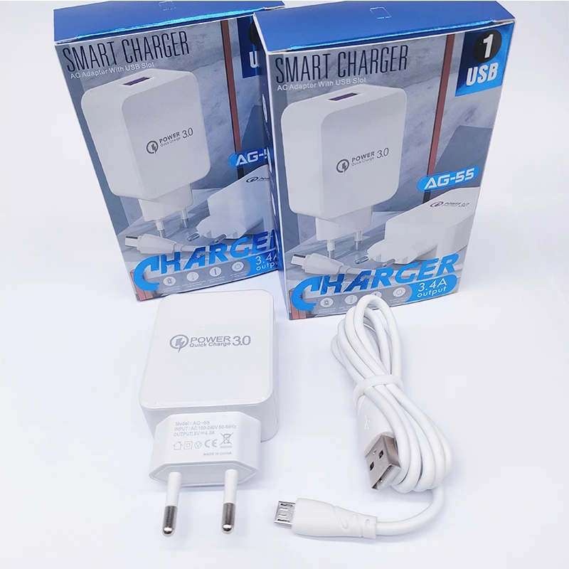 Hot Selling EU/US Fast charger 1A 2A Mobile Phone Charger With Micro Cable and Package