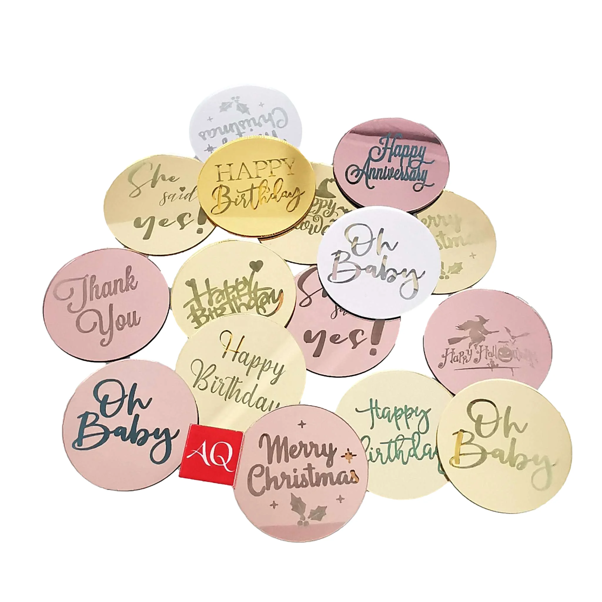 AQ Custimize Engraved Laser Mark Shiny Gold Mirror Disc Cake Charm Cupcake Cakesicle Pop Disk Topper For Dessert Gift Box Decor