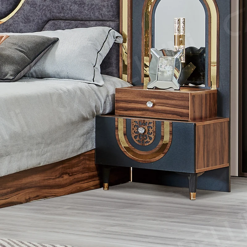 Turkish Royal Style Wood Frame Double King Size Bed Home Wooden Mdf Full Leather Modern Luxury Master Bedroom Furniture Set