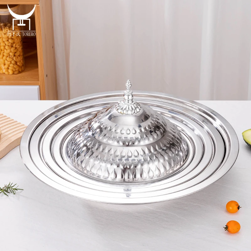 Gold Dinner Plate Hotel Buffet Plate Restaurant Tableware Banquet Food Plate Dish Stainless Steel Round Serving Tray With Lid