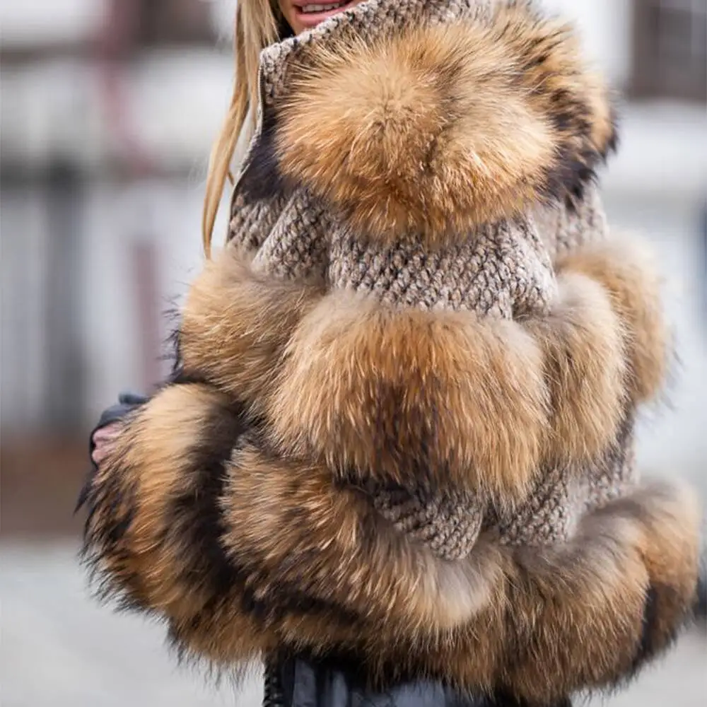 Black Blue White Natural Brown Cropped Racoon Top Fur Coat Shaggy Genuine Raccoon Fur Jacket For Sale Cheap