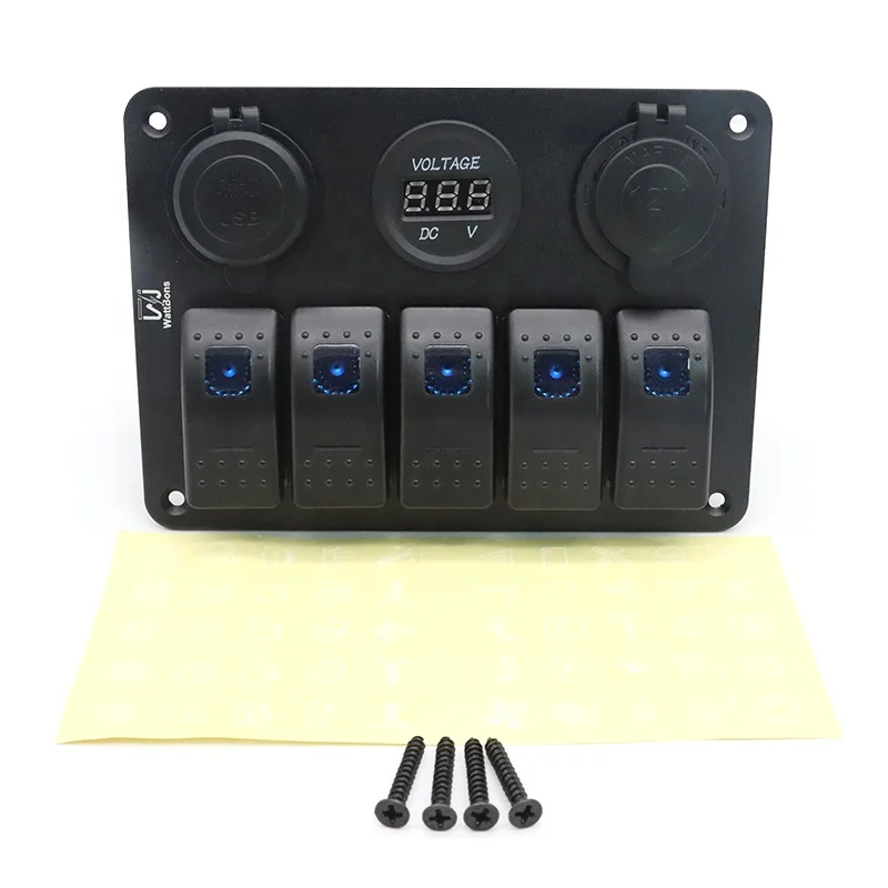 WattBons 5 Gang Marine Rocker Switch Panel with QC 3.0 Type C PD Car Dual USB Charger and Power Socket Voltmeter On off Switch