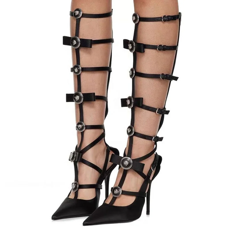 Bow Buckles Women Metal Ornaments Stiletto Long T-strap High Heels Sandals Ladies Summer Satin Dress Shoes