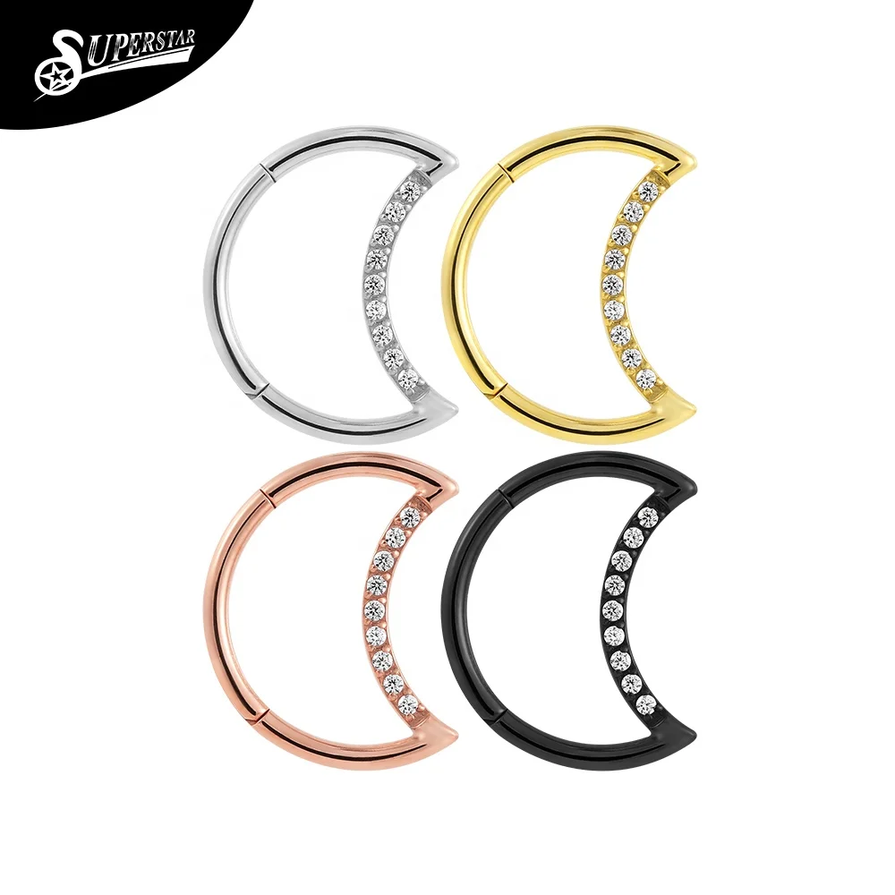 Superstar Manufacturer G23 titanium moon-shaped inlay zircon hinged segment clicker septum nose ring body piercing jewelry