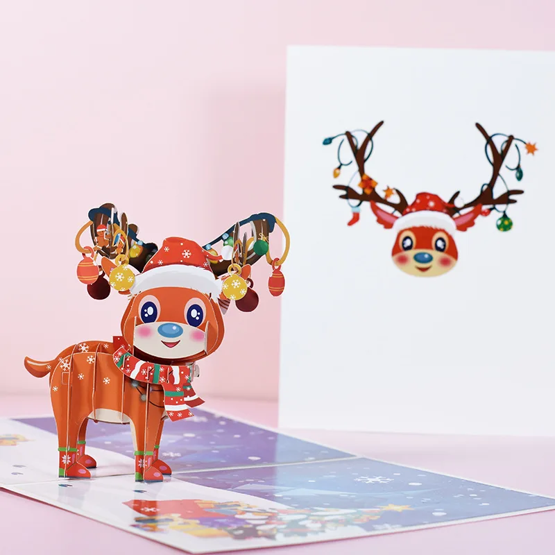 Customized logo fancy paper Christmas pop-up greeting card handmade 3D Christmas elk moose greeting card